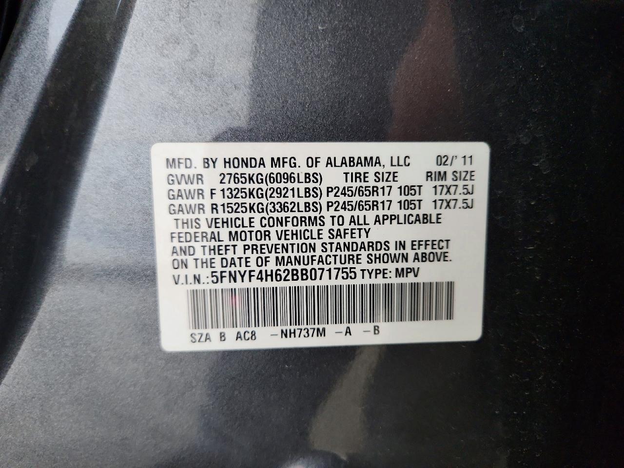 2011 Honda Pilot Exl Gray vin: 5FNYF4H62BB071755