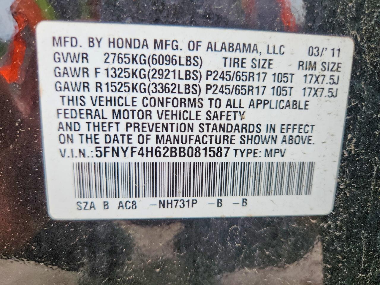 2011 Honda Pilot Black vin: 5FNYF4H62BB081587