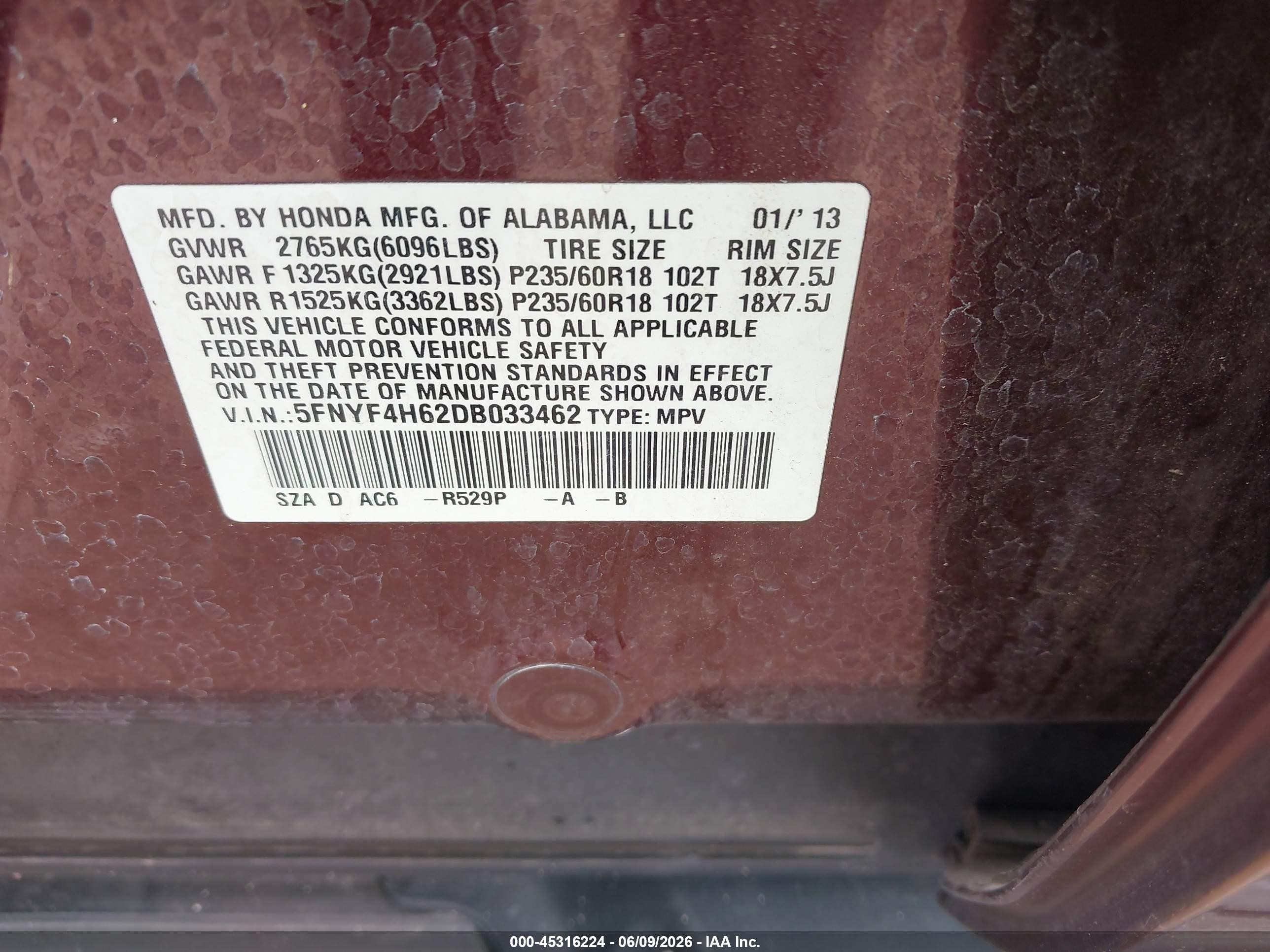 2013 Honda Pilot Ex-l Maroon vin: 5FNYF4H62DB033462