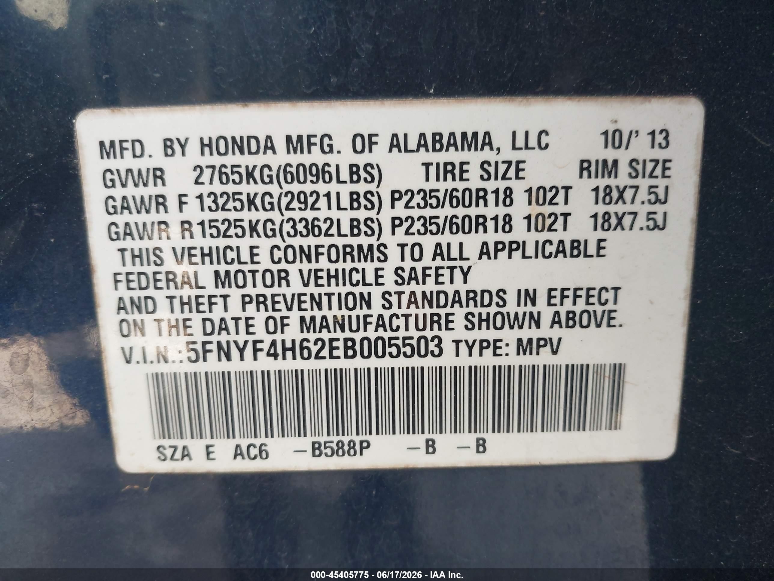 2014 Honda Pilot Ex-l Blue vin: 5FNYF4H62EB005503