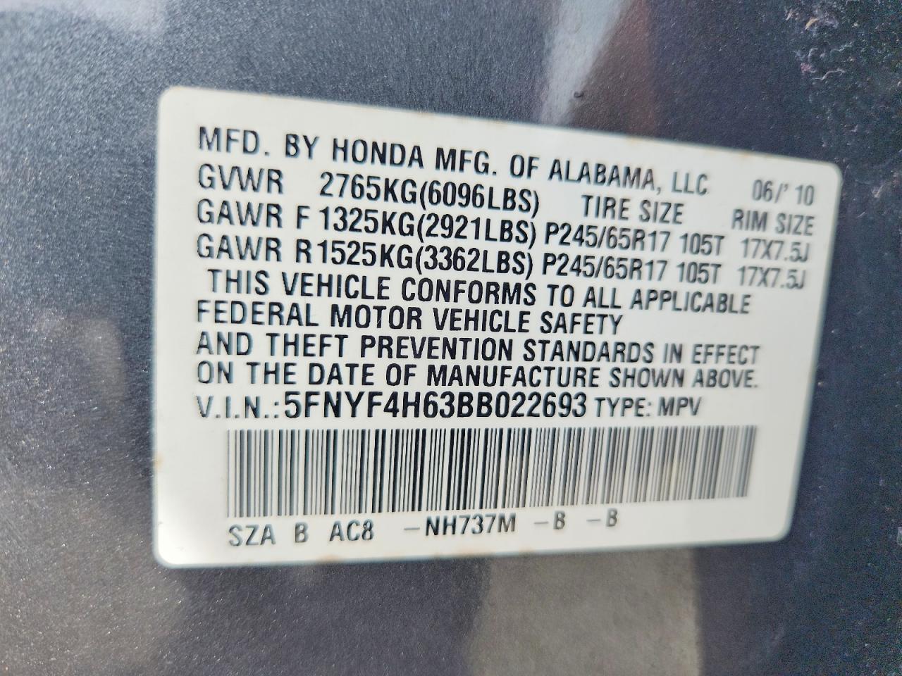 2011 Honda Pilot Exl Gray vin: 5FNYF4H63BB022693