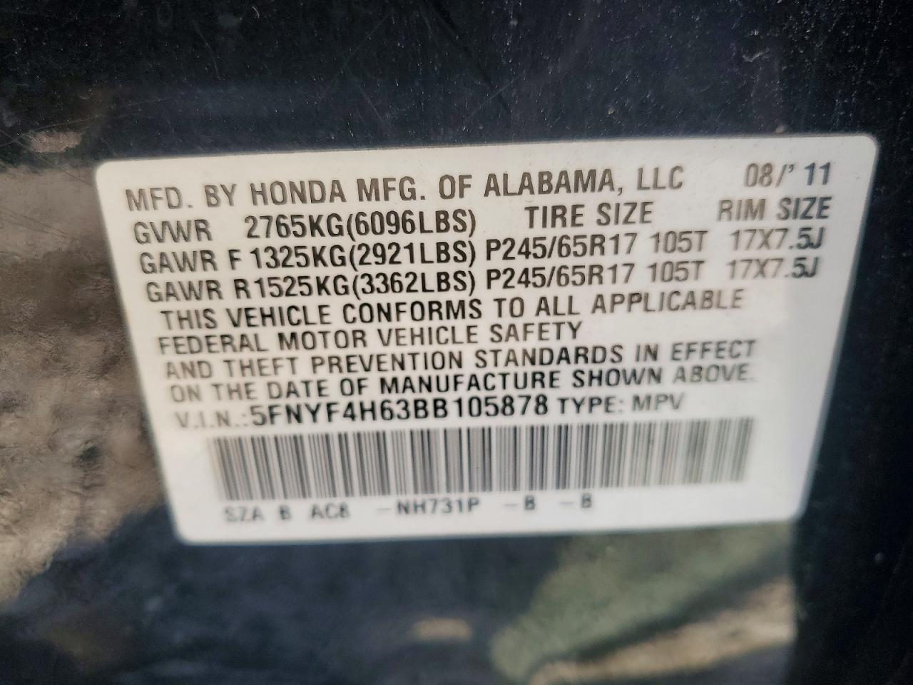 2011 Honda Pilot Exl Черный vin: 5FNYF4H63BB105878