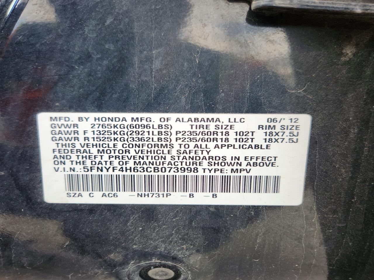 2012 Honda Pilot Exl Black vin: 5FNYF4H63CB073998