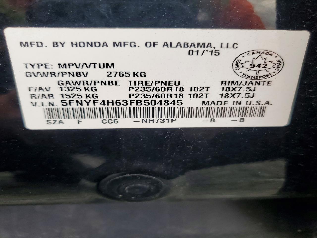 2015 Honda Pilot Exl Black vin: 5FNYF4H63FB504845