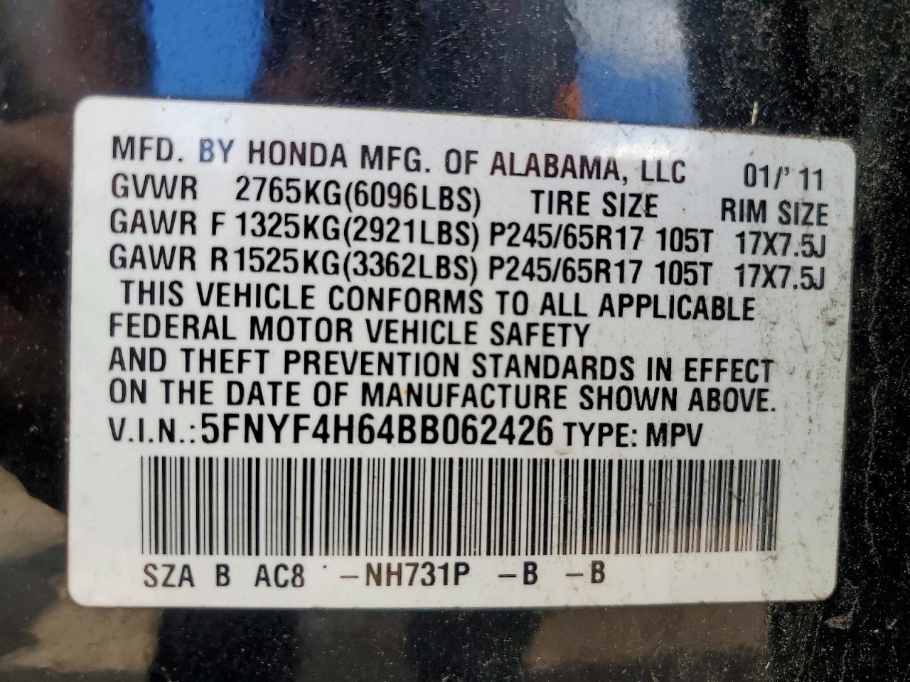 2011 Honda Pilot Exl Black vin: 5FNYF4H64BB062426