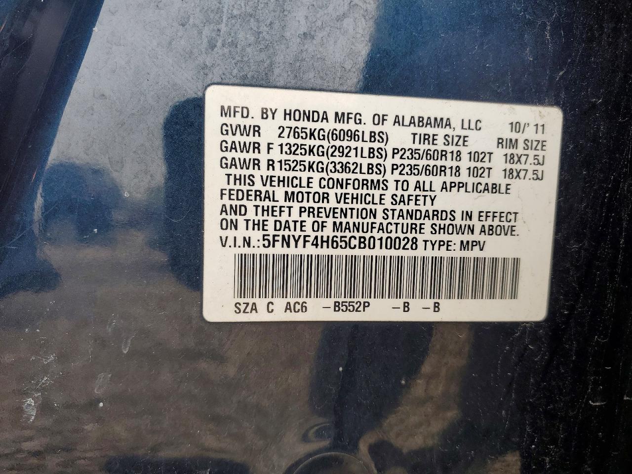 2012 Honda Pilot Exl Blue vin: 5FNYF4H65CB010028
