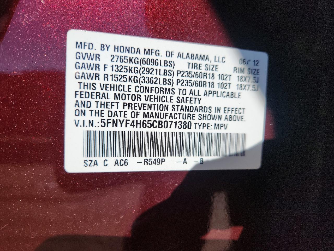 2012 Honda Pilot Exl Burgundy vin: 5FNYF4H65CB071380