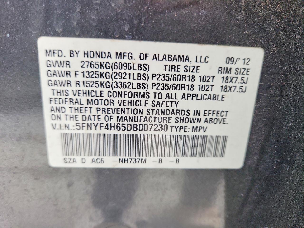 2013 Honda Pilot Exl Gray vin: 5FNYF4H65DB007230