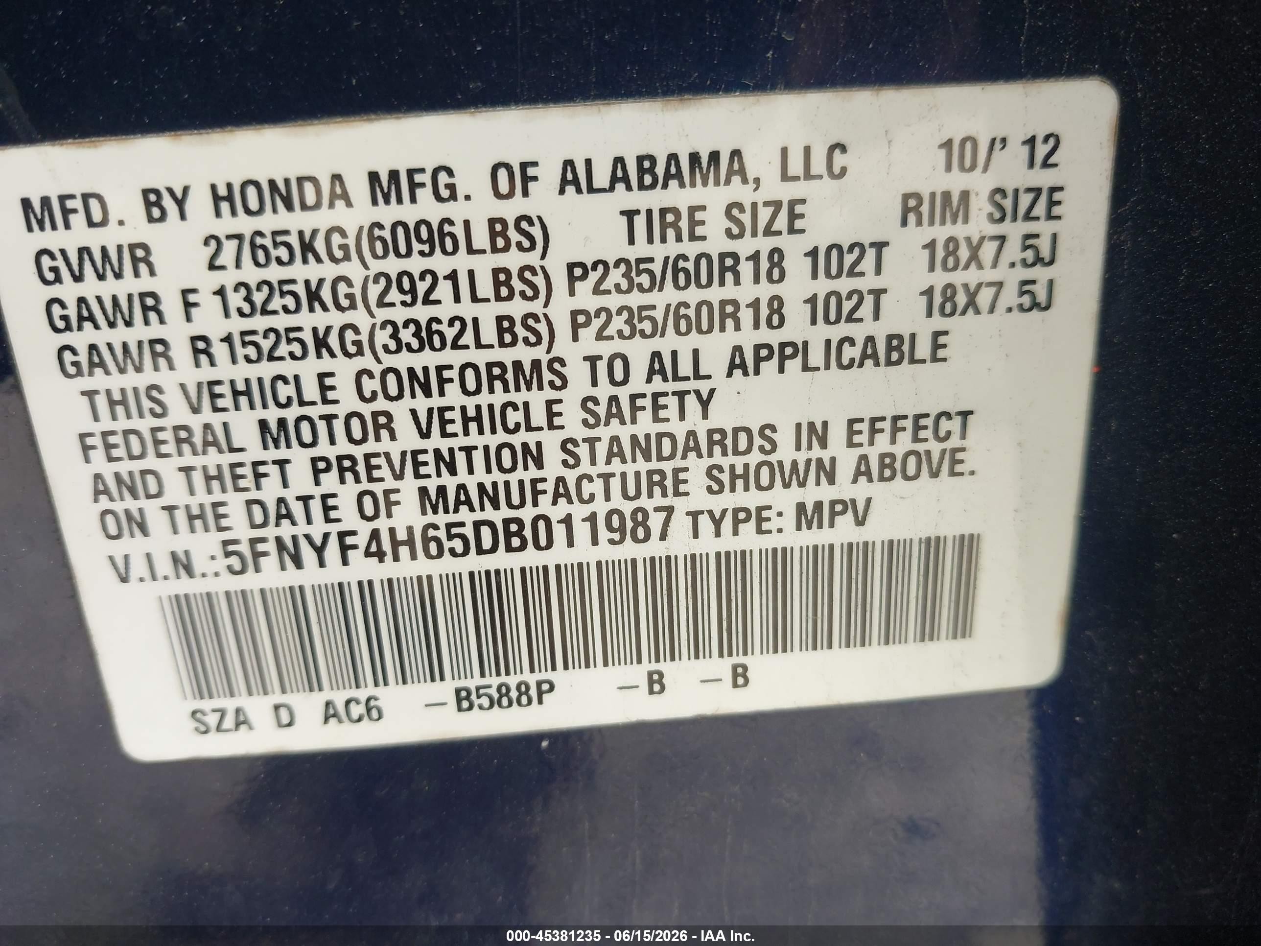 2013 Honda Pilot Ex-l Blue vin: 5FNYF4H65DB011987