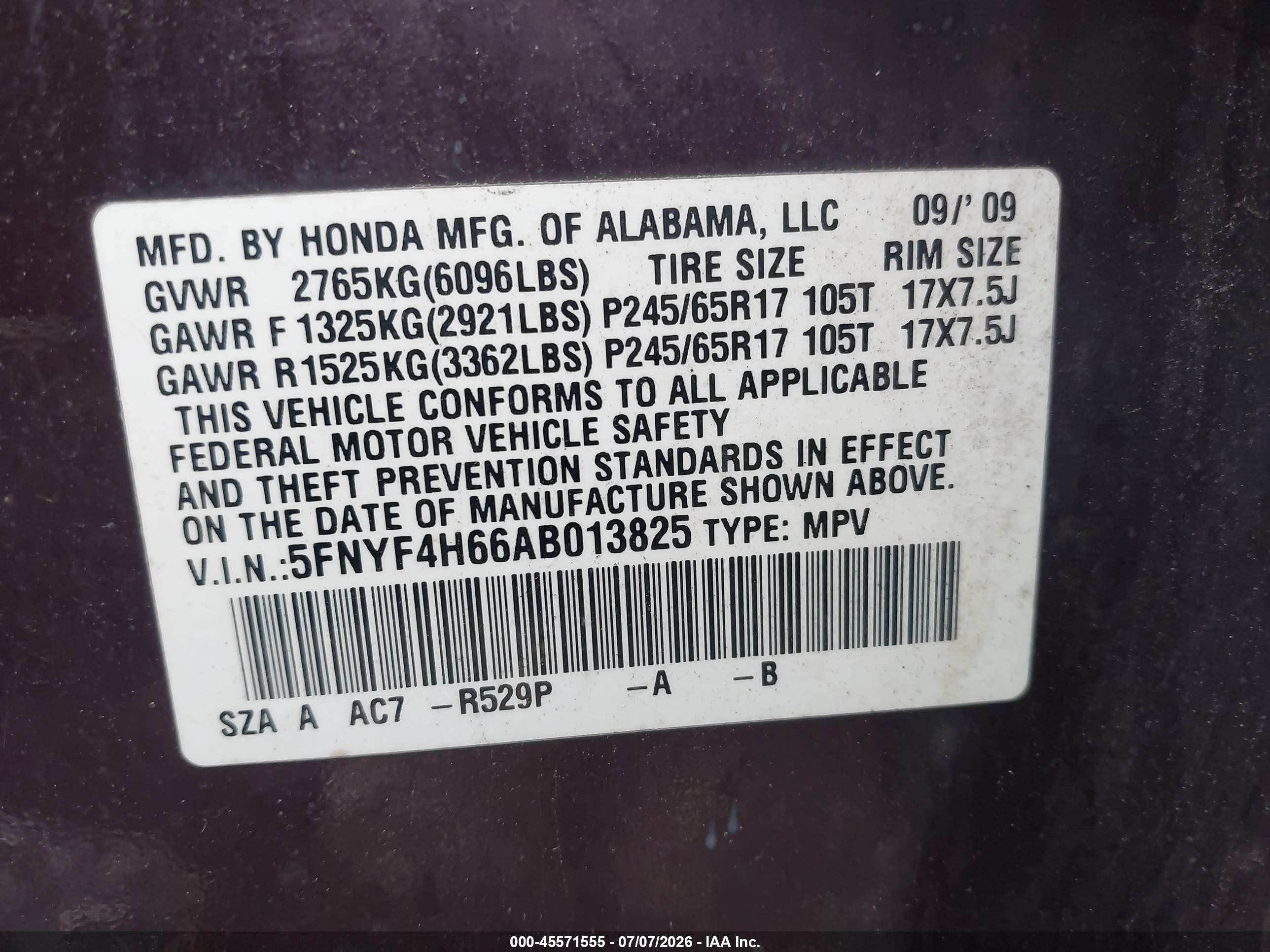 2010 Honda Pilot Ex-l Burgundy vin: 5FNYF4H66AB013825