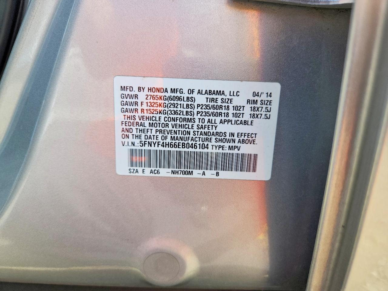 2014 Honda Pilot Exl Silver vin: 5FNYF4H66EB046104