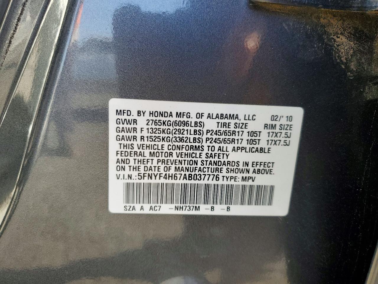 2010 Honda Pilot Exl Gray vin: 5FNYF4H67AB037776