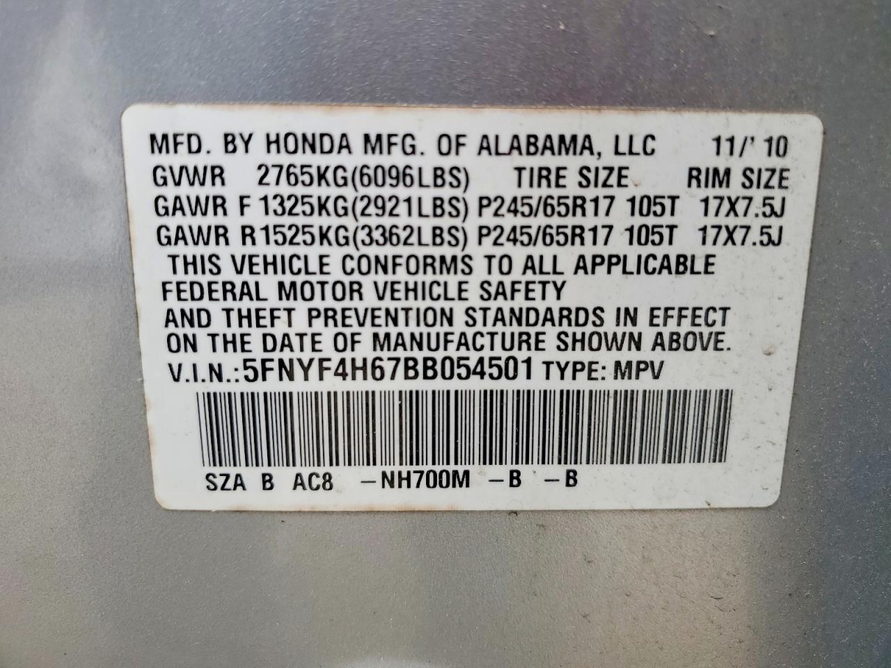 2011 Honda Pilot Exl Silver vin: 5FNYF4H67BB054501