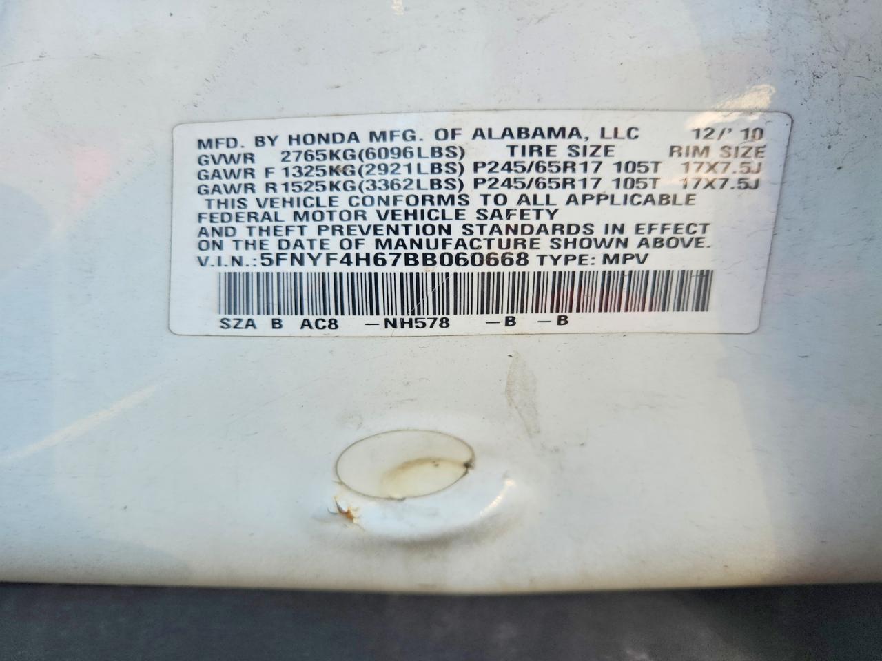 2011 Honda Pilot Exl White vin: 5FNYF4H67BB060668