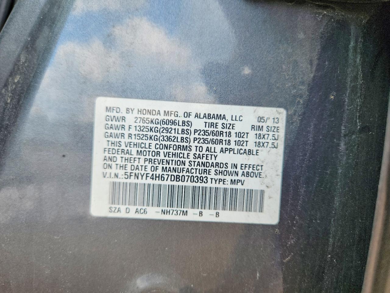 2013 Honda Pilot Exl Gray vin: 5FNYF4H67DB070393