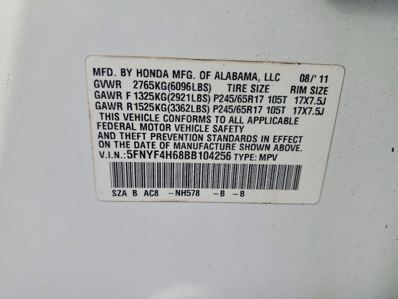 2011 Honda Pilot Exl Белый vin: 5FNYF4H68BB104256