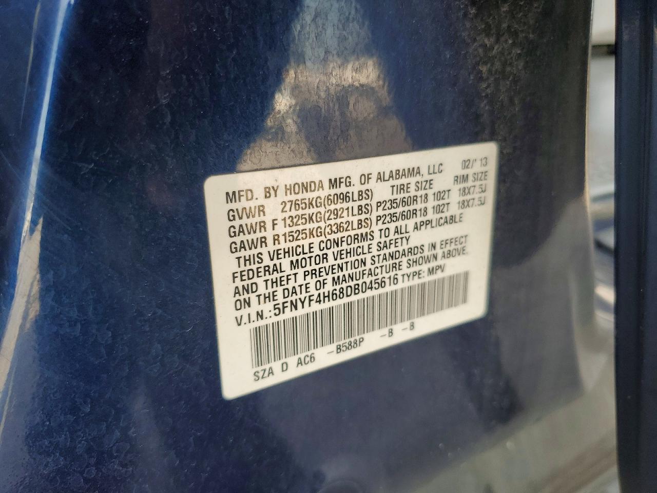 2013 Honda Pilot Exl Blue vin: 5FNYF4H68DB045616