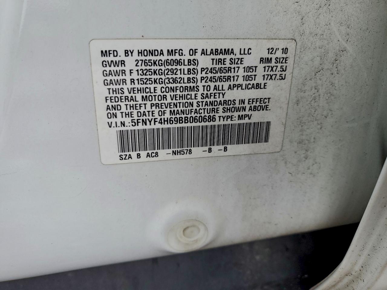 2011 Honda Pilot Exl White vin: 5FNYF4H69BB060686