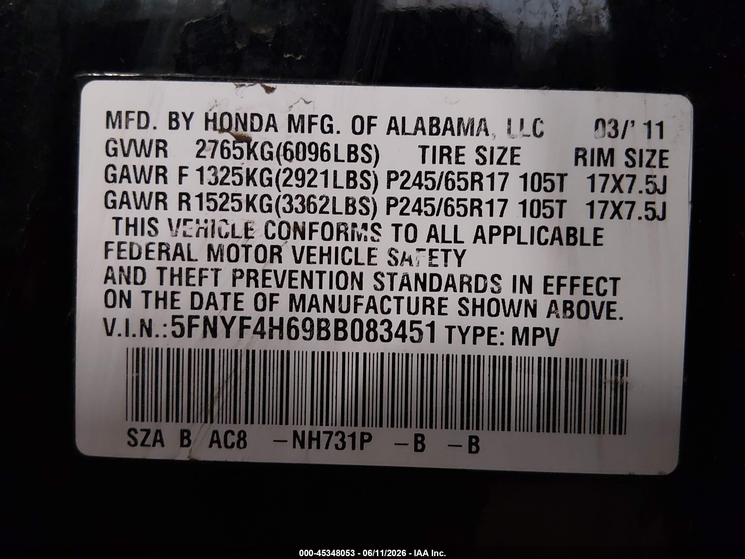 2011 Honda Pilot Ex-l Black vin: 5FNYF4H69BB083451