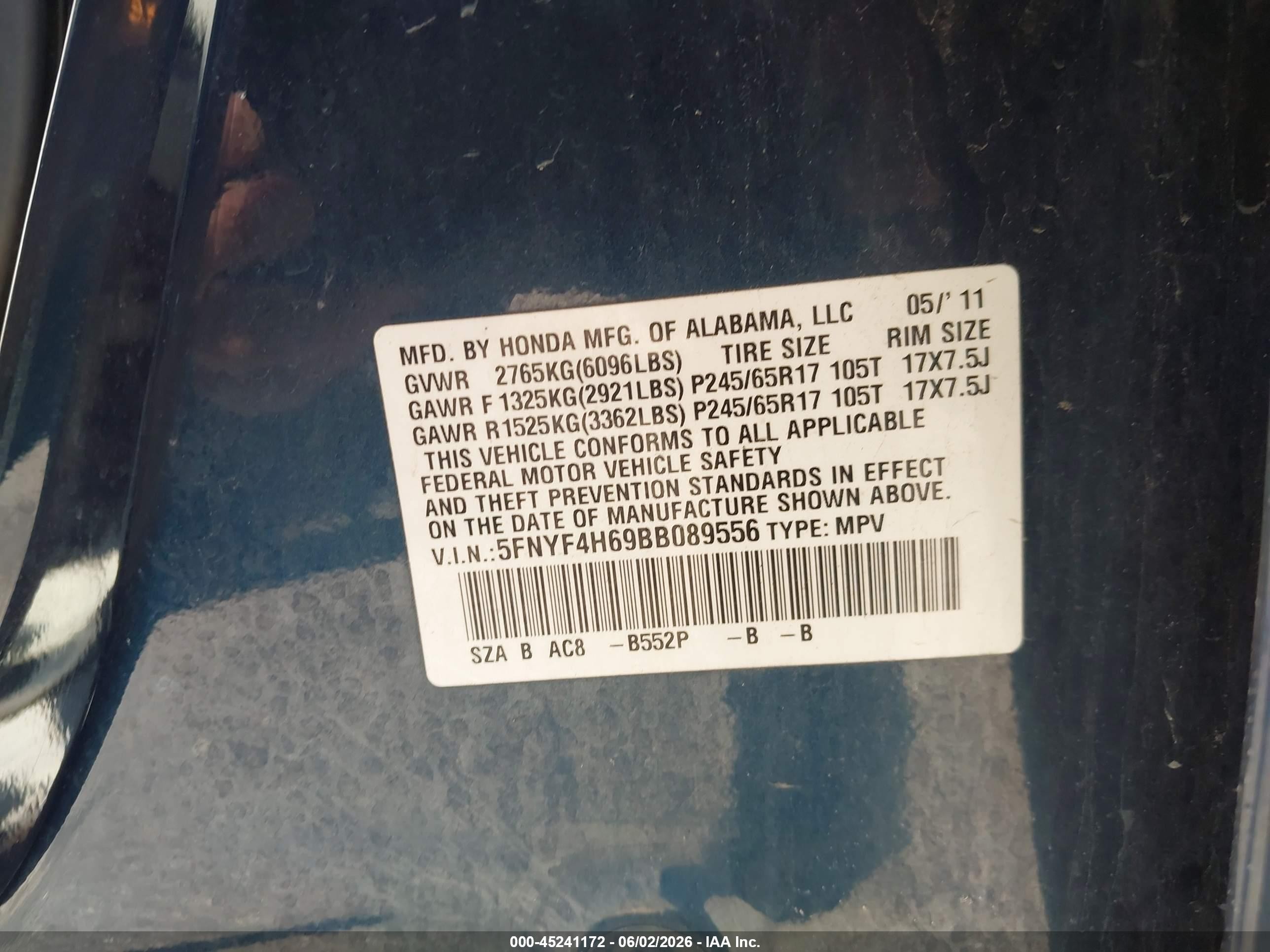 2011 Honda Pilot Ex-l Blue vin: 5FNYF4H69BB089556