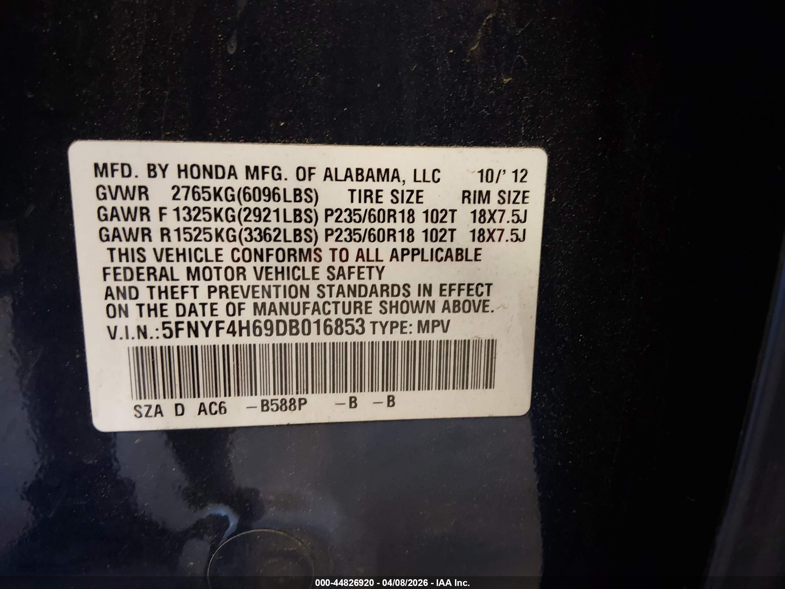 2013 Honda Pilot Ex-l Blue vin: 5FNYF4H69DB016853