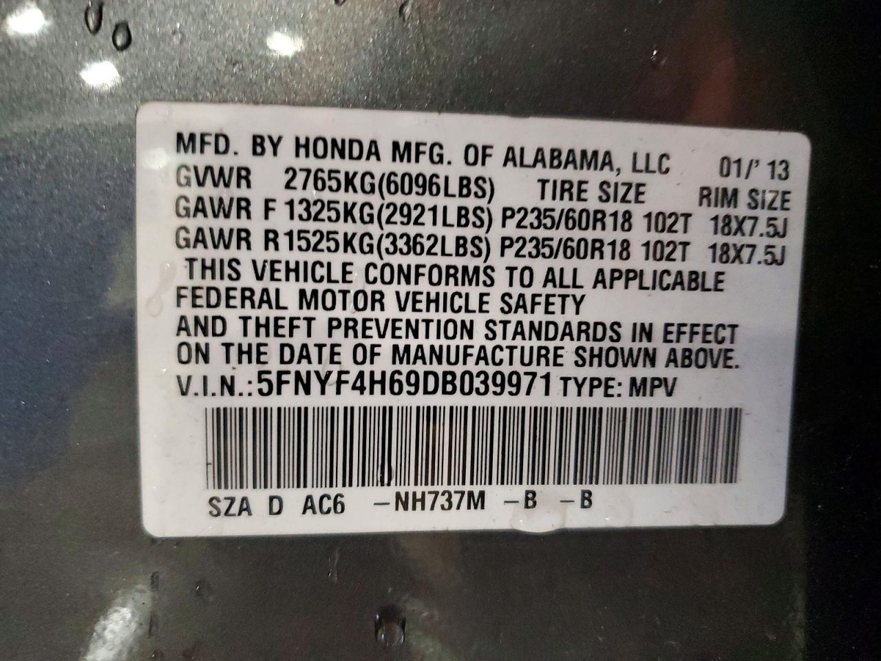 2013 Honda Pilot Exl Gray vin: 5FNYF4H69DB039971