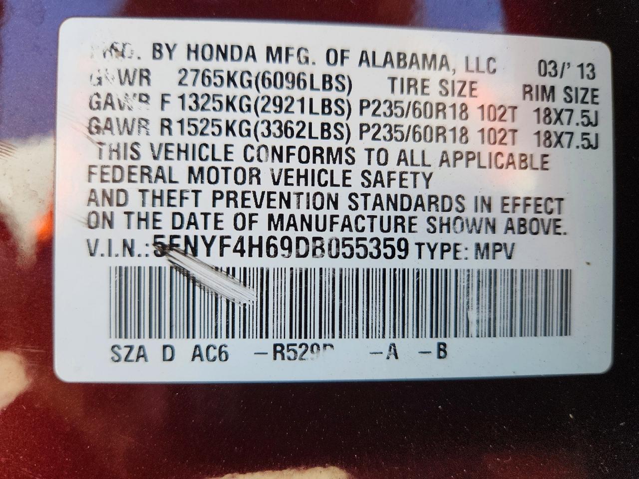 2013 Honda Pilot Exl Maroon vin: 5FNYF4H69DB055359