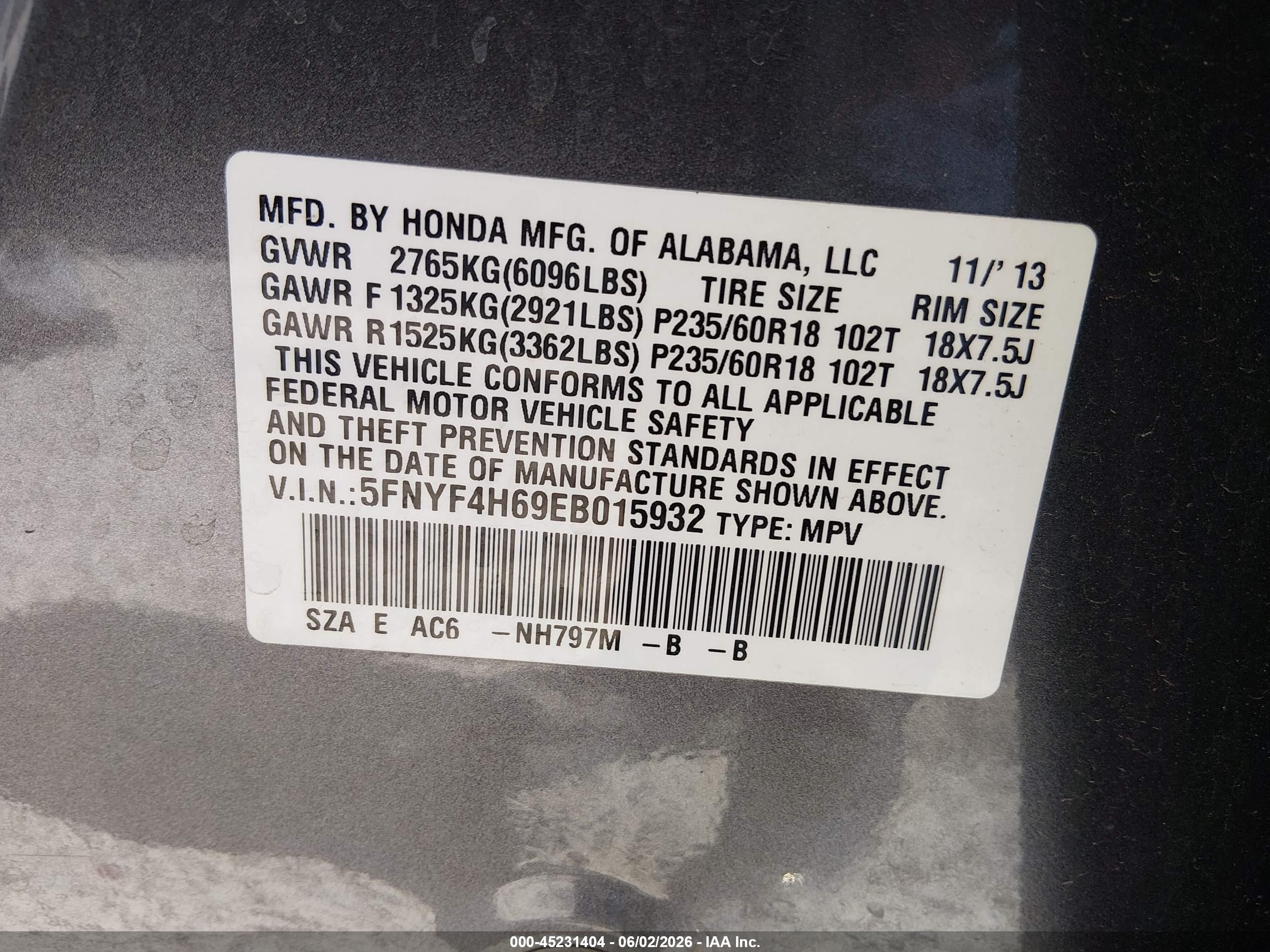 2014 Honda Pilot Ex-l Gray vin: 5FNYF4H69EB015932