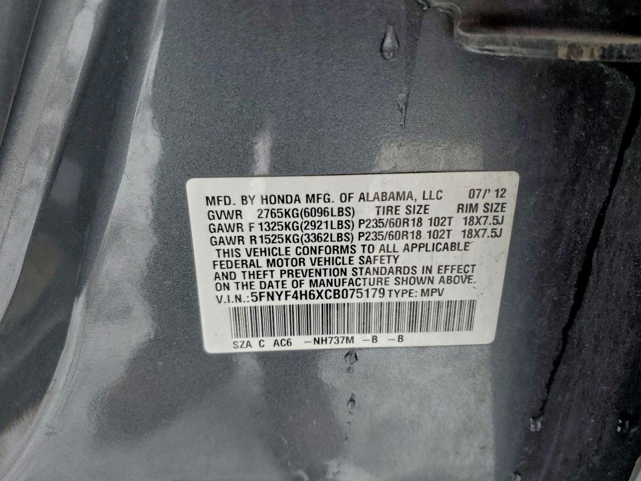 2012 Honda Pilot Exl Gray vin: 5FNYF4H6XCB075179