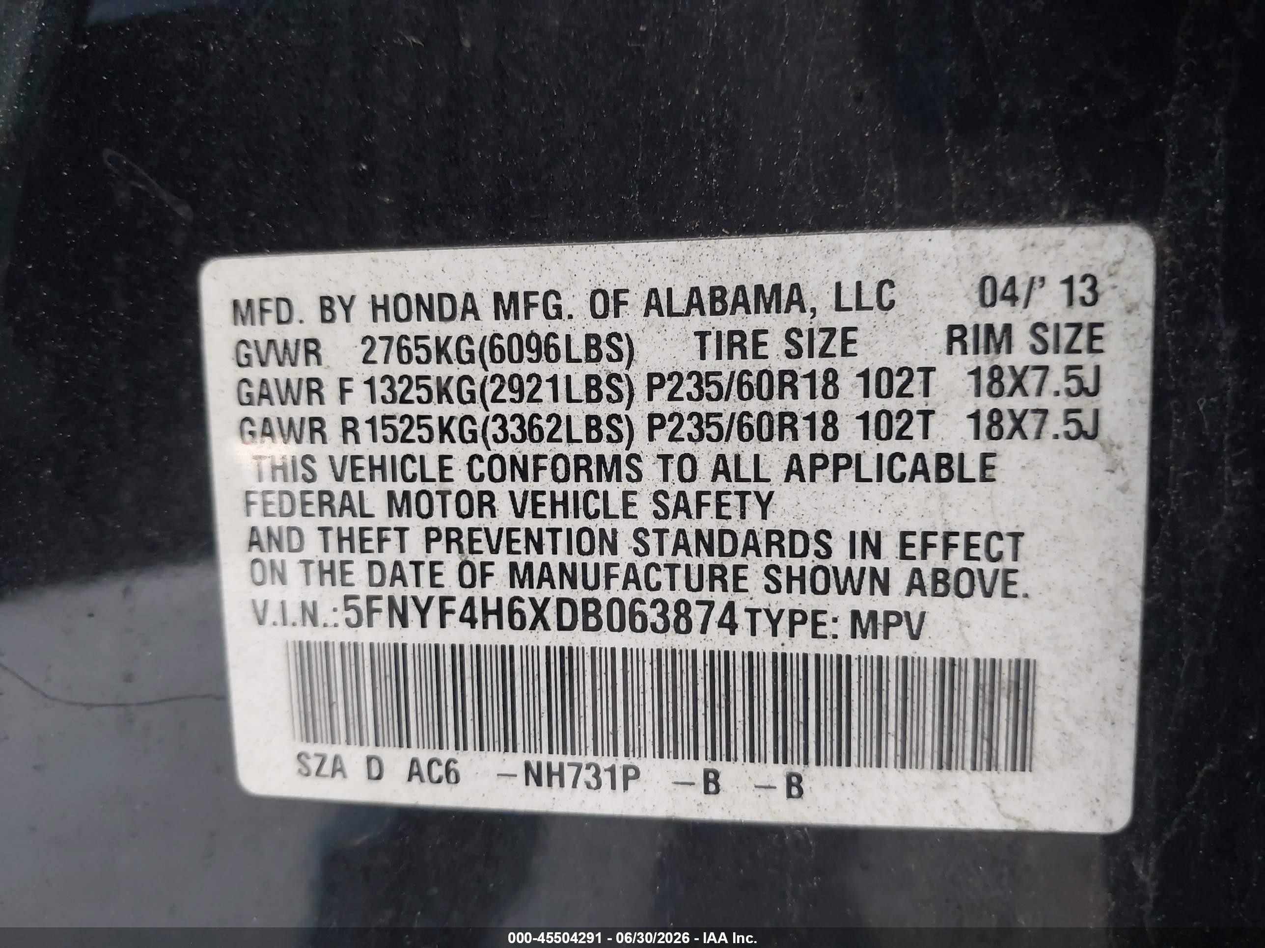 2013 Honda Pilot Ex-l Черный vin: 5FNYF4H6XDB063874