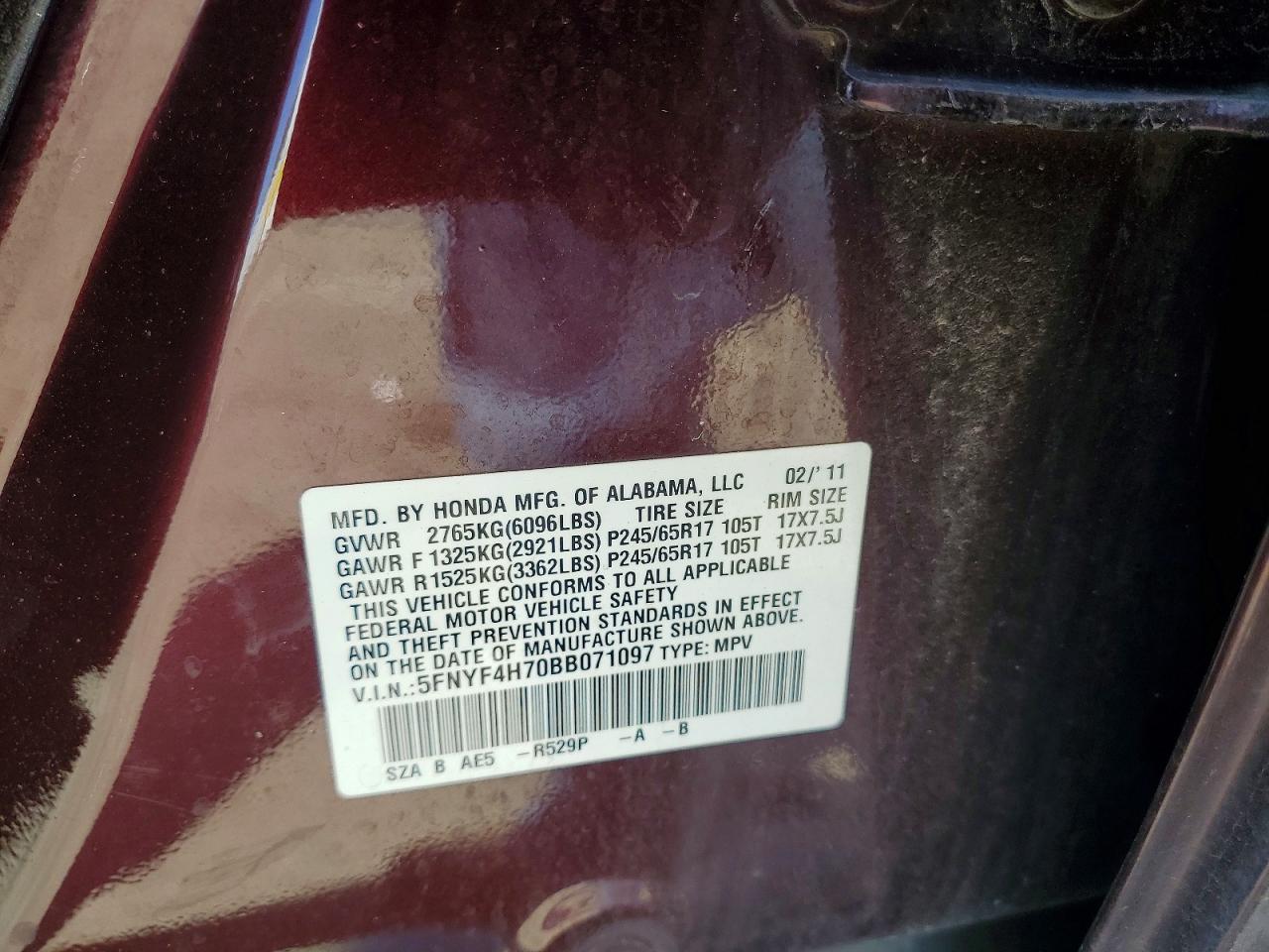 2011 Honda Pilot Exln Maroon vin: 5FNYF4H70BB071097