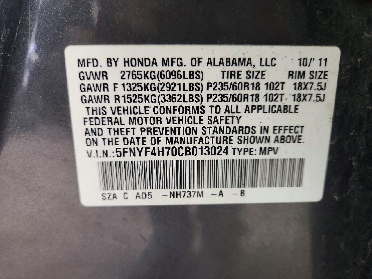 2012 Honda Pilot Exln Gray vin: 5FNYF4H70CB013024