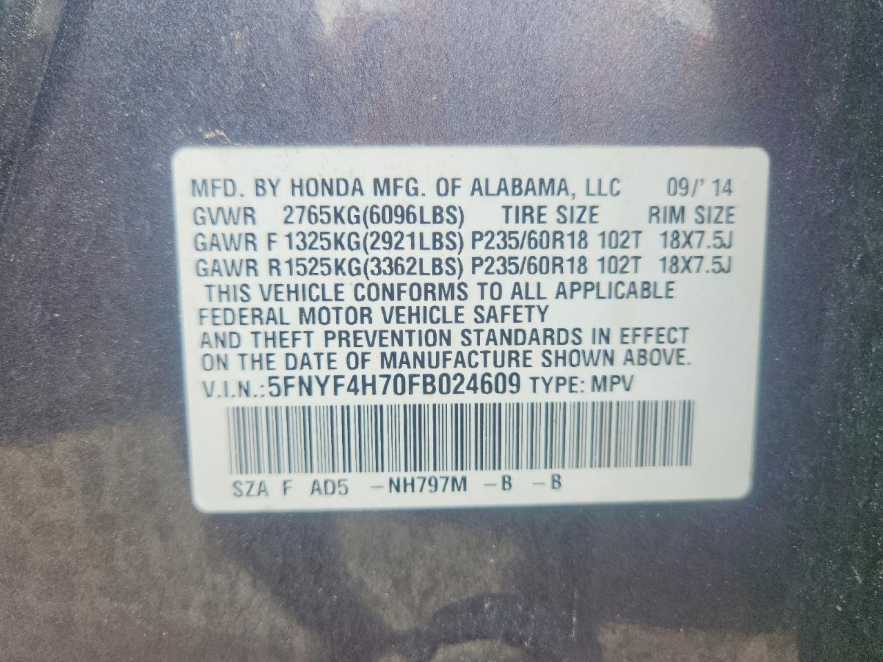 2015 Honda Pilot Exln Gray vin: 5FNYF4H70FB024609