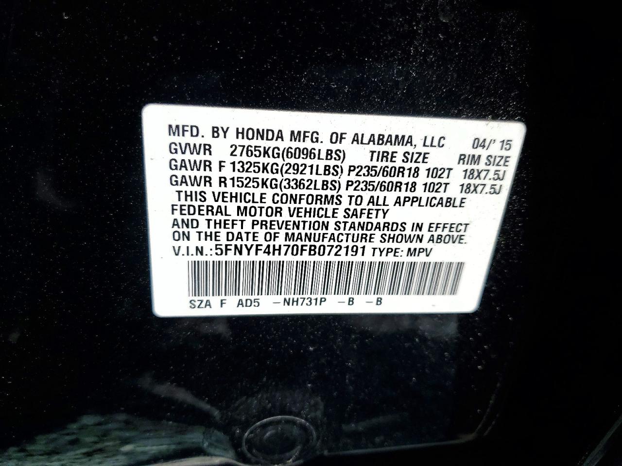2015 Honda Pilot Exln Черный vin: 5FNYF4H70FB072191