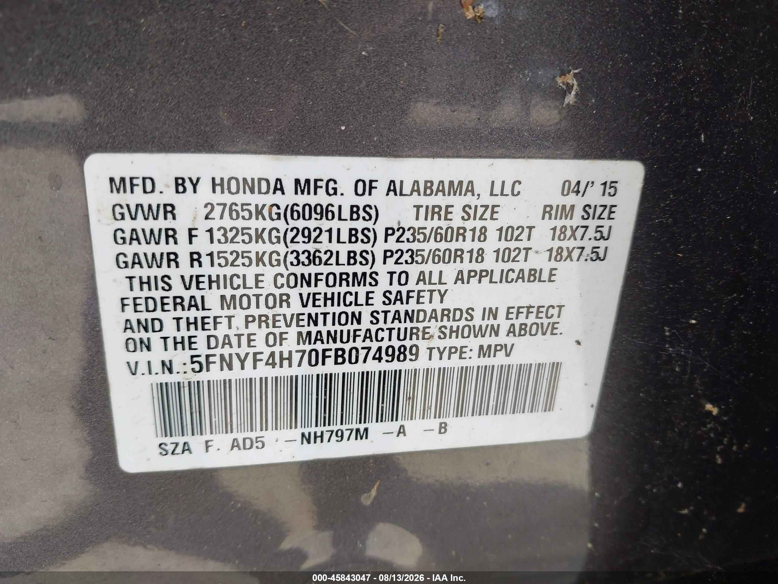 2015 Honda Pilot Ex-l Black vin: 5FNYF4H70FB074989