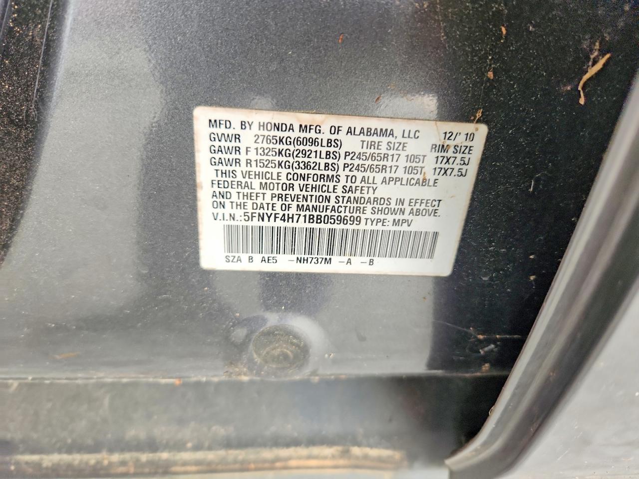 2011 Honda Pilot Exln Gray vin: 5FNYF4H71BB059699