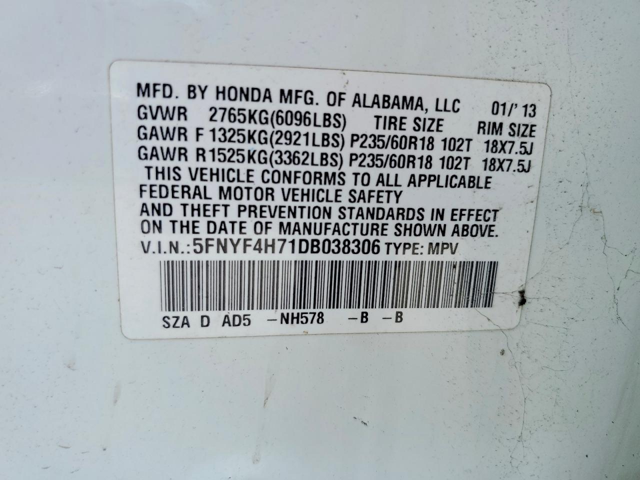 2013 Honda Pilot Exln White vin: 5FNYF4H71DB038306