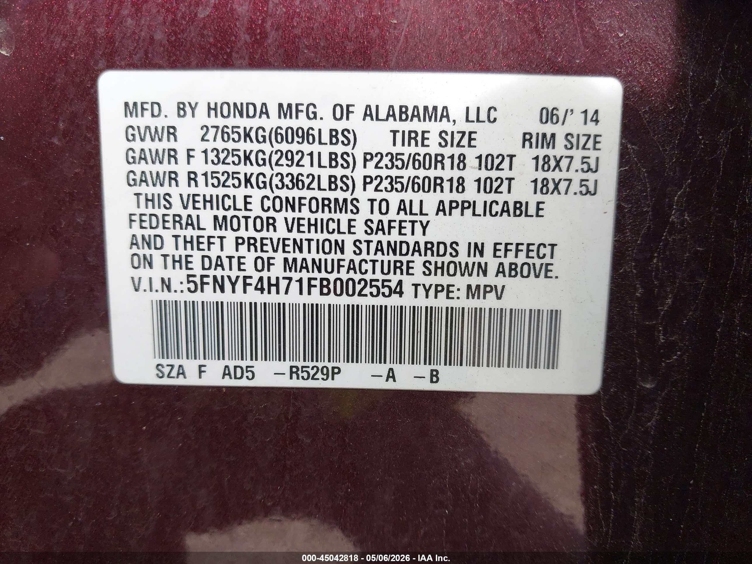 2015 Honda Pilot Ex-l Burgundy vin: 5FNYF4H71FB002554