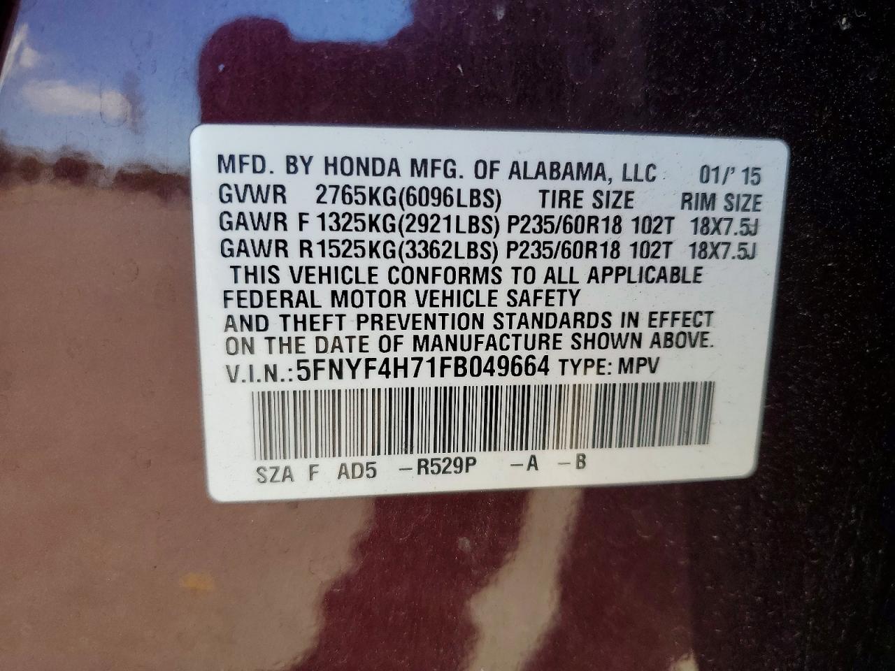 2015 Honda Pilot Exln Maroon vin: 5FNYF4H71FB049664