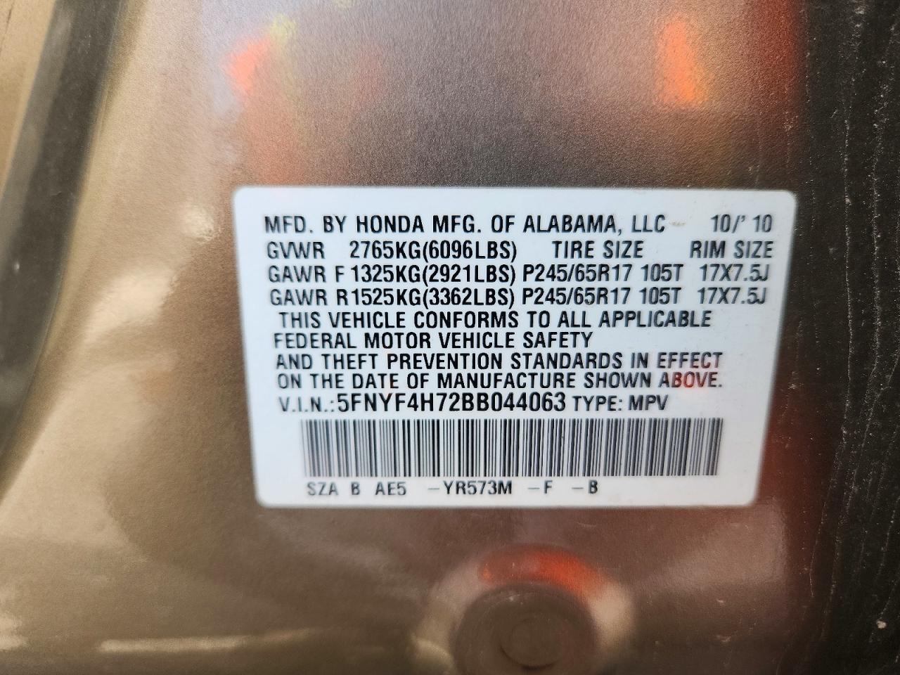 2011 Honda Pilot Exln Tan vin: 5FNYF4H72BB044063