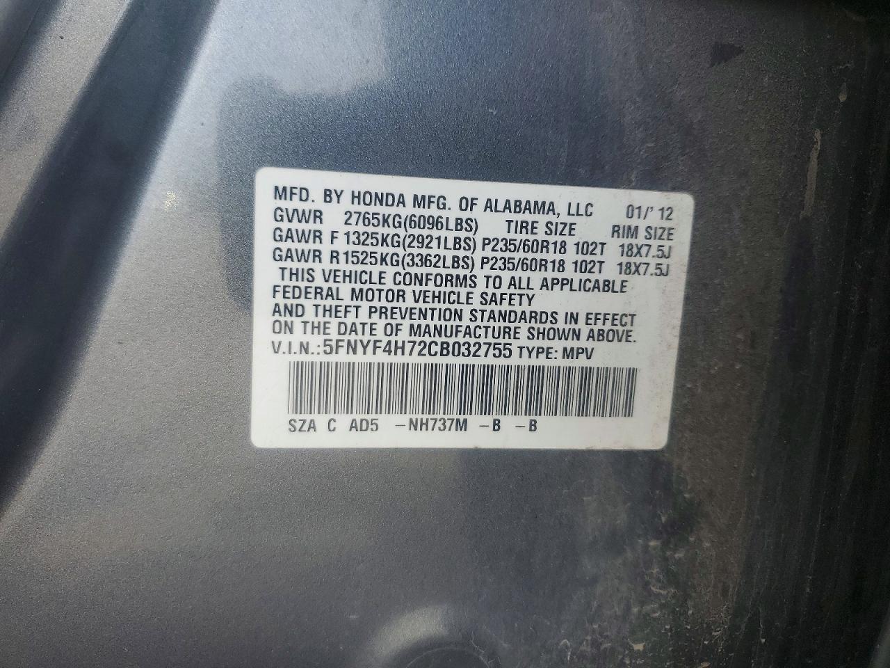 2012 Honda Pilot Exln Gray vin: 5FNYF4H72CB032755