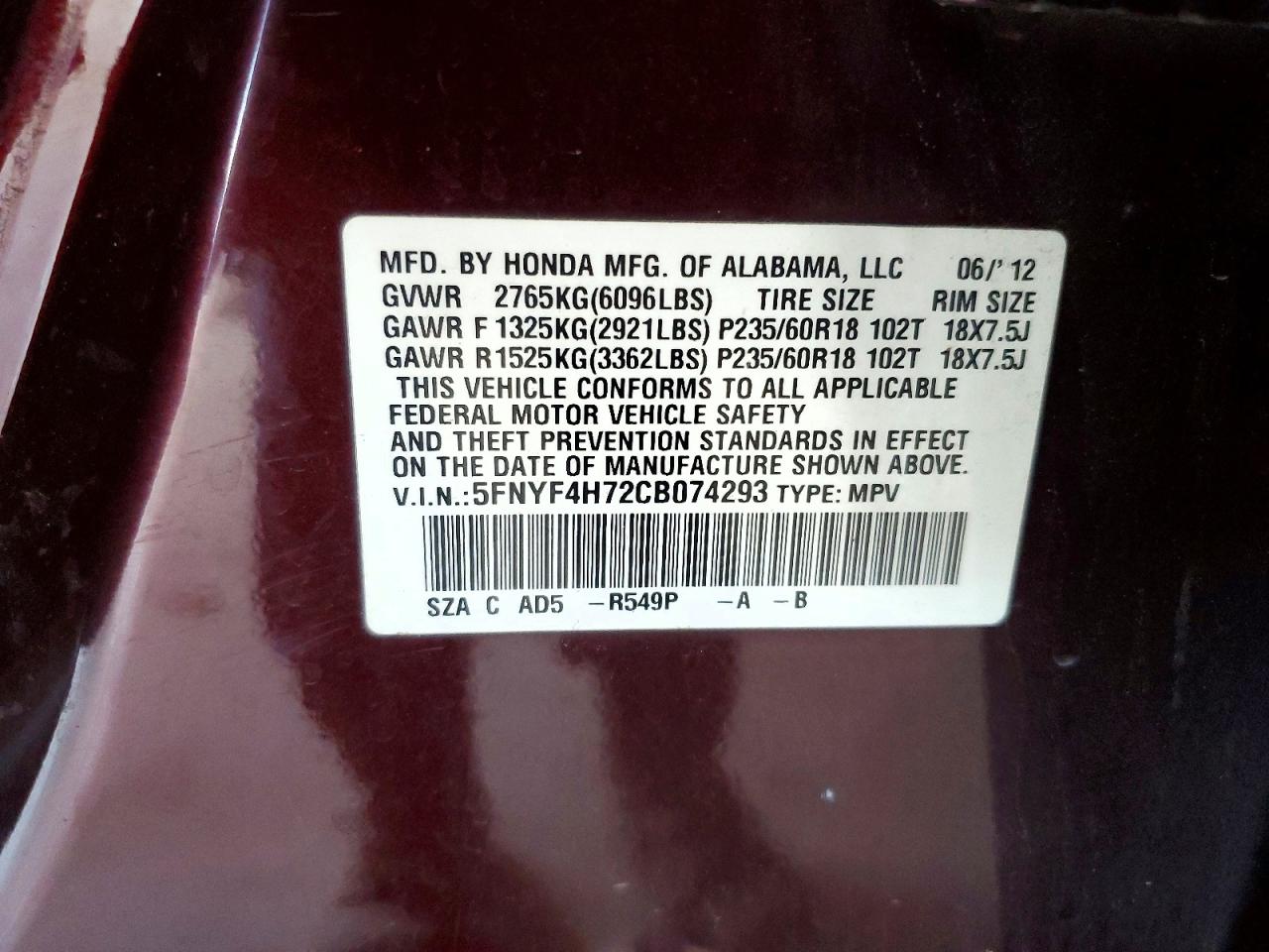2012 Honda Pilot Exln Burgundy vin: 5FNYF4H72CB074293