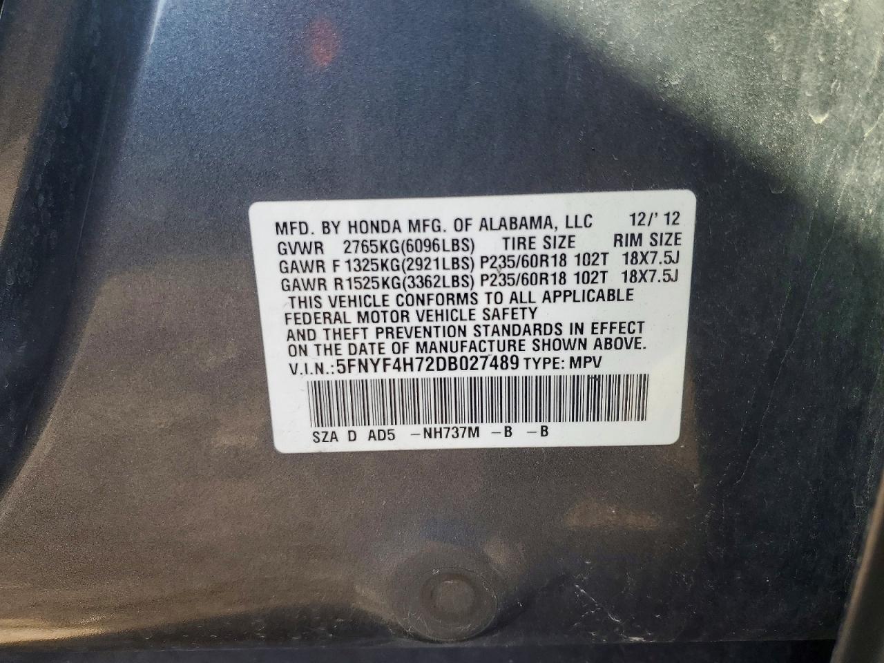 2013 Honda Pilot Exln Gray vin: 5FNYF4H72DB027489