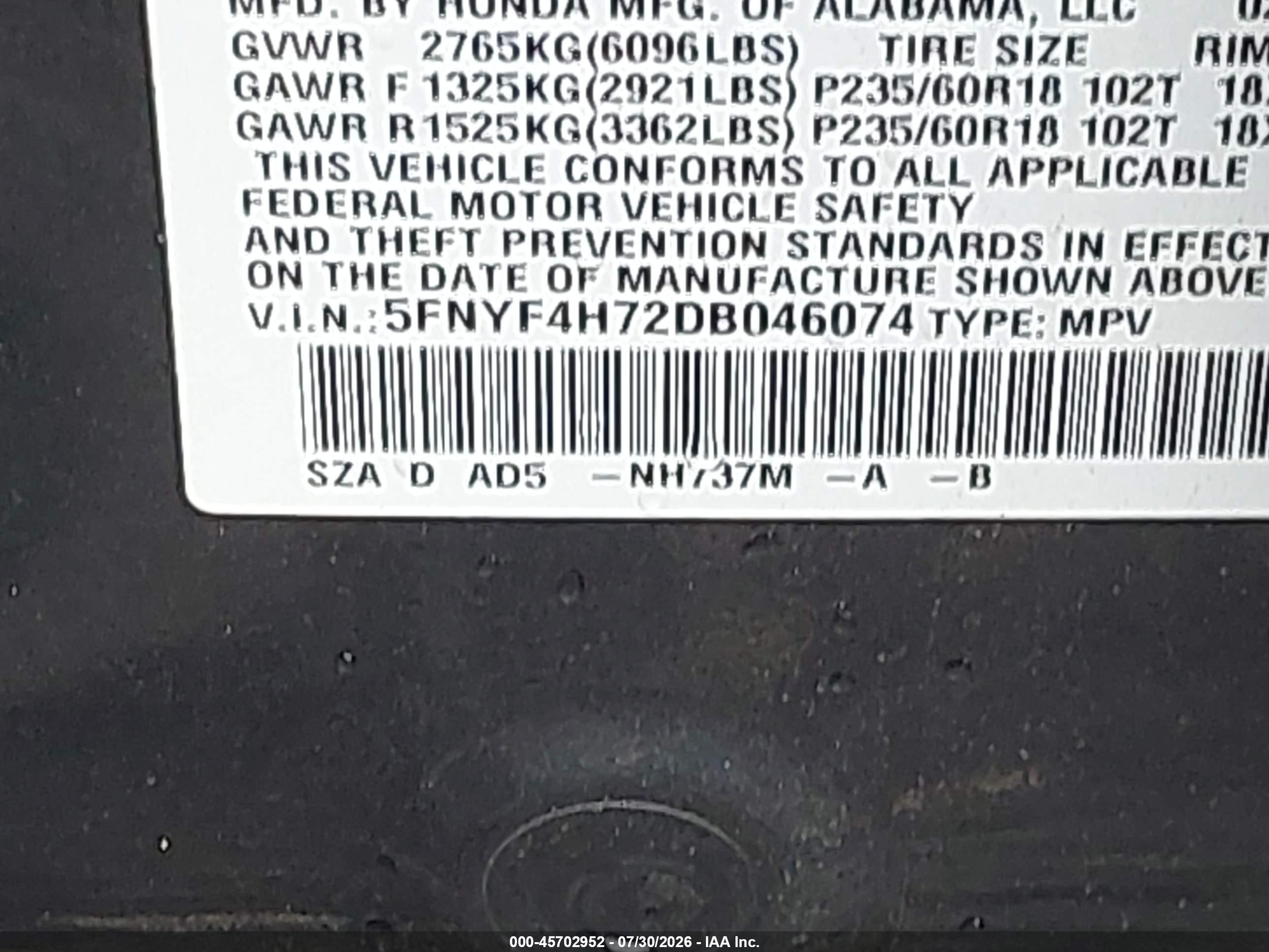2013 Honda Pilot Ex-l Gray vin: 5FNYF4H72DB046074