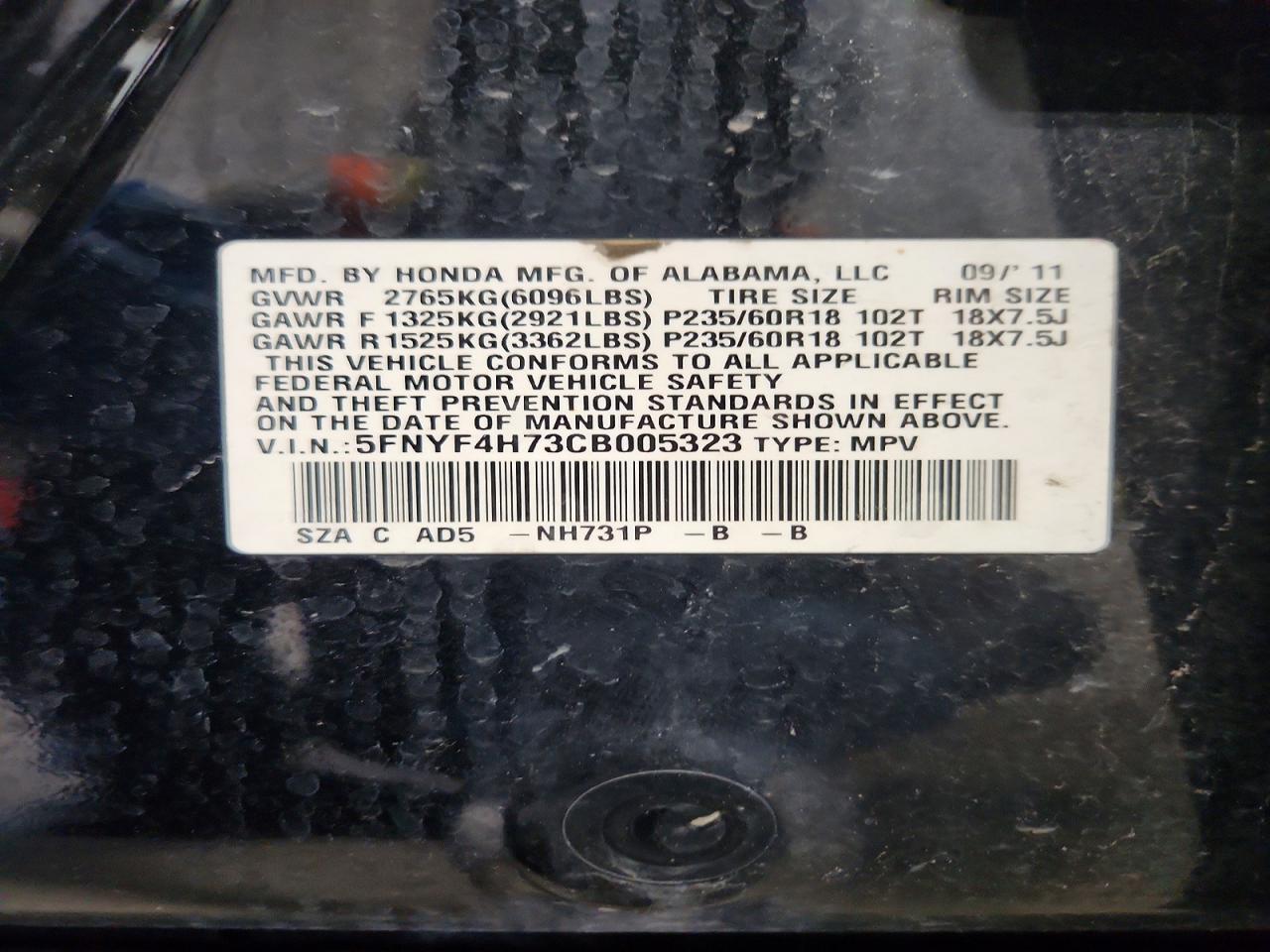 2012 Honda Pilot Exln Black vin: 5FNYF4H73CB005323