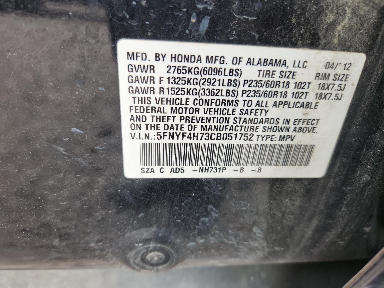 2012 Honda Pilot Exln Угольный vin: 5FNYF4H73CB051752
