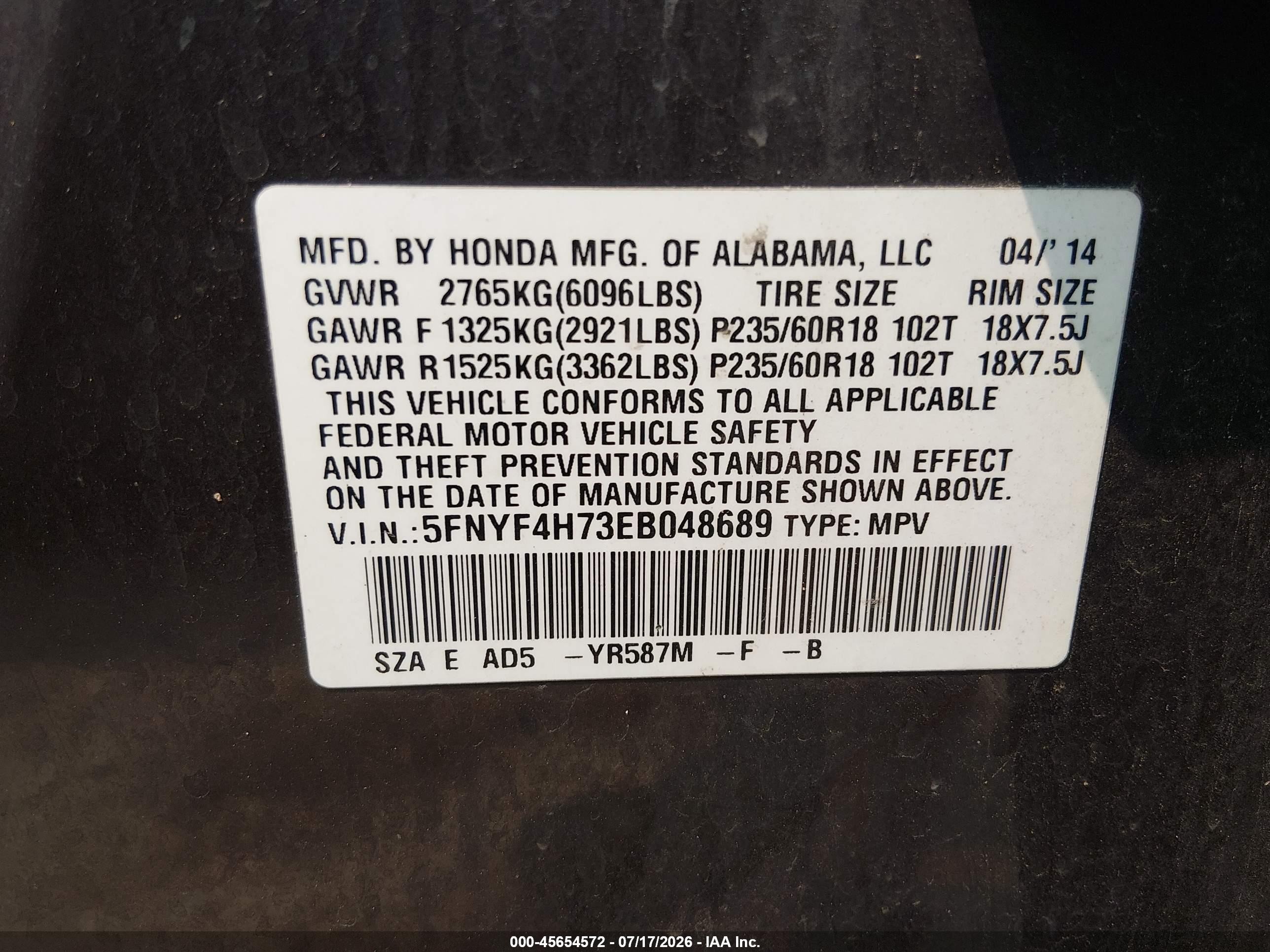 2014 Honda Pilot Ex-l Gray vin: 5FNYF4H73EB048689