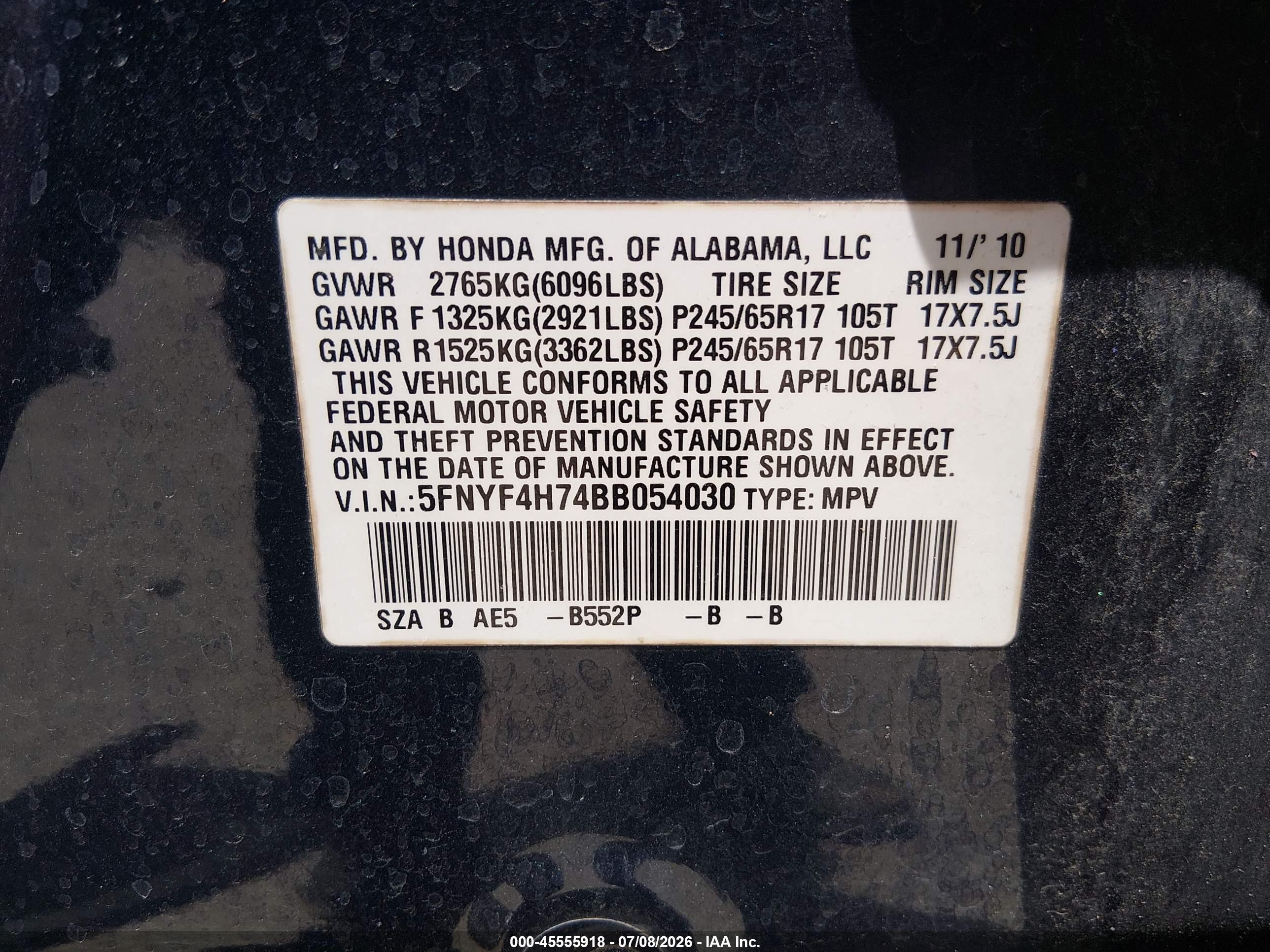 2011 Honda Pilot Ex-l Blue vin: 5FNYF4H74BB054030