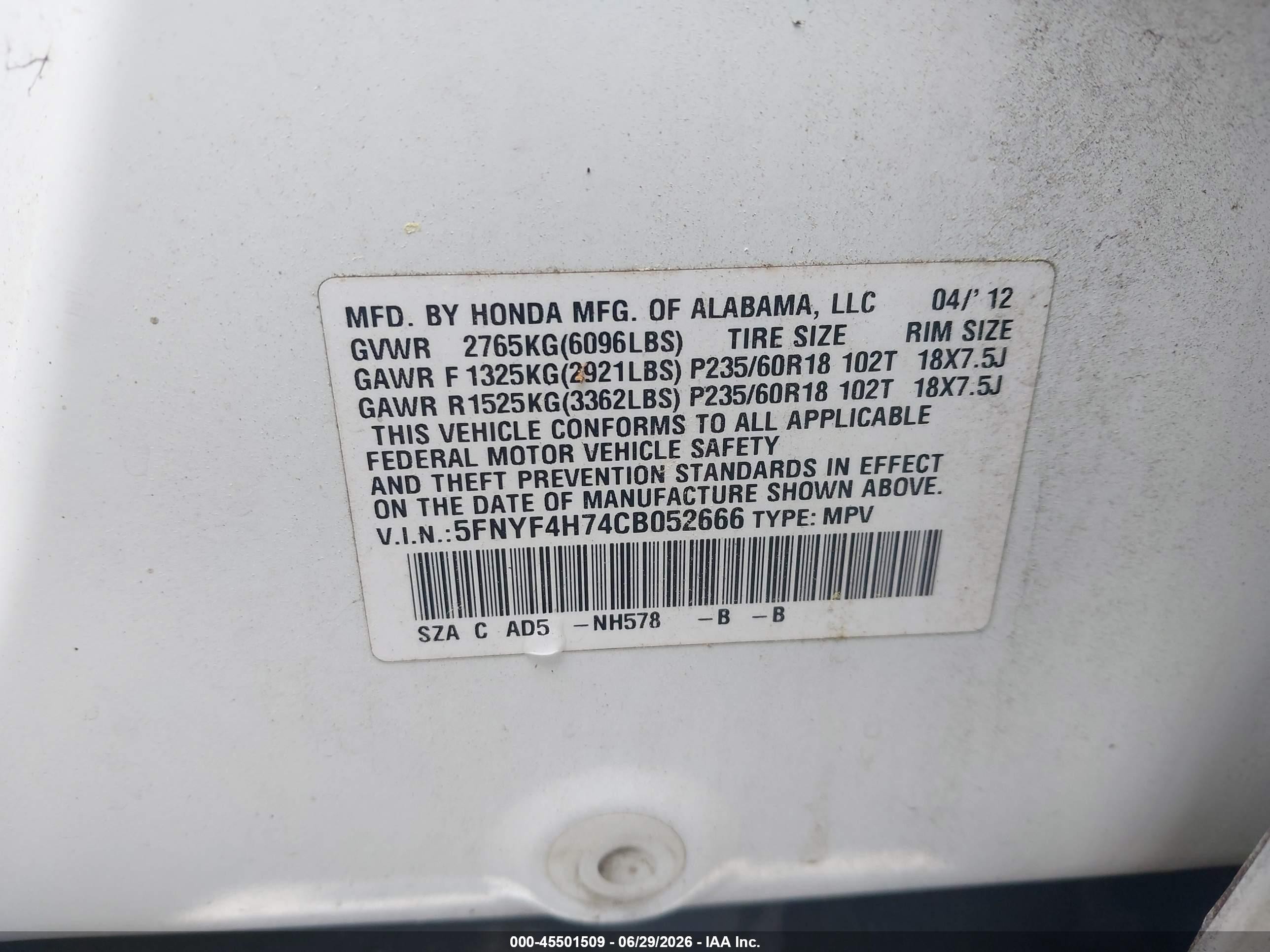 2012 Honda Pilot Ex-l White vin: 5FNYF4H74CB052666