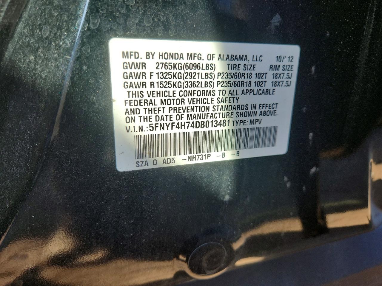 2013 Honda Pilot Exln Black vin: 5FNYF4H74DB013481